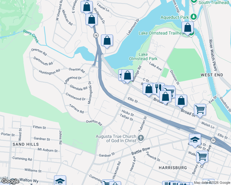 map of restaurants, bars, coffee shops, grocery stores, and more near 2201 Country Club Court in Augusta