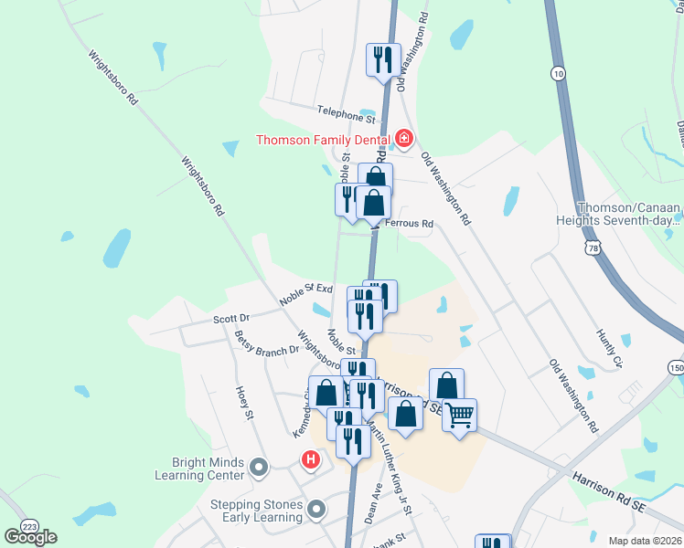 map of restaurants, bars, coffee shops, grocery stores, and more near 213 Noble Street in Thomson