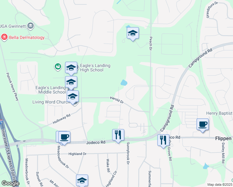 map of restaurants, bars, coffee shops, grocery stores, and more near 175 Harold Drive in McDonough