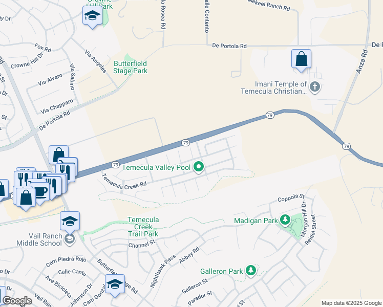 map of restaurants, bars, coffee shops, grocery stores, and more near 43912 Country Ridge Court in Temecula