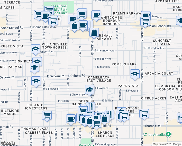 map of restaurants, bars, coffee shops, grocery stores, and more near 3201 East Osborn Road in Phoenix