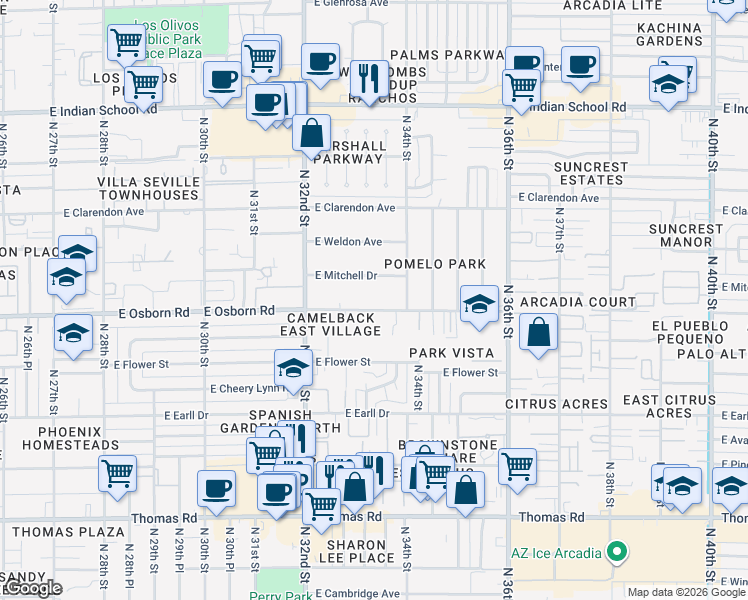 map of restaurants, bars, coffee shops, grocery stores, and more near 3329 East Osborn Road in Phoenix