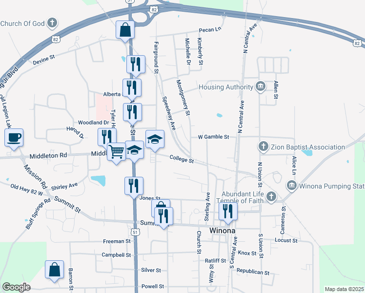map of restaurants, bars, coffee shops, grocery stores, and more near 420 College Street in Winona
