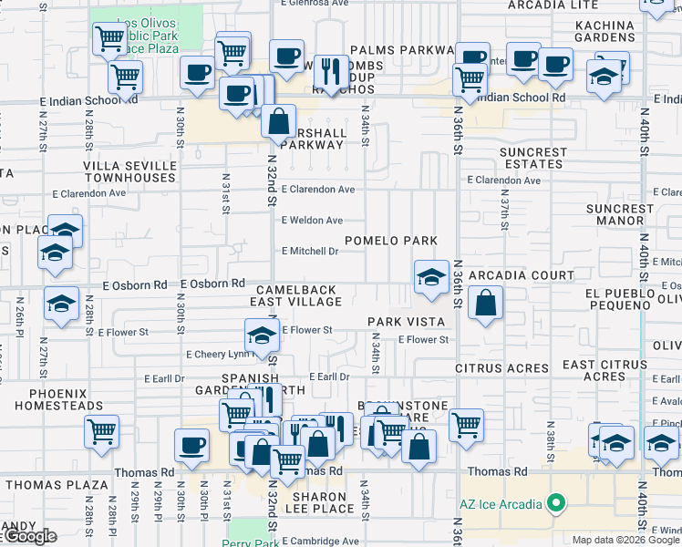 map of restaurants, bars, coffee shops, grocery stores, and more near 3329 East Osborn Road in Phoenix