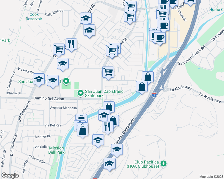 map of restaurants, bars, coffee shops, grocery stores, and more near 79 Alipaz Street in San Juan Capistrano