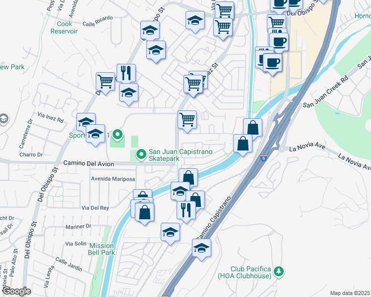 map of restaurants, bars, coffee shops, grocery stores, and more near 79 Alipaz Street in San Juan Capistrano
