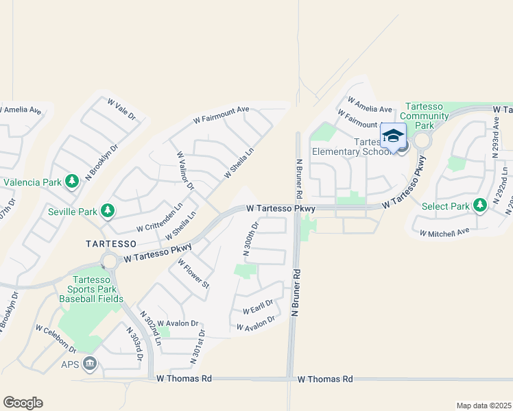 map of restaurants, bars, coffee shops, grocery stores, and more near Tartesso Parkway in Buckeye