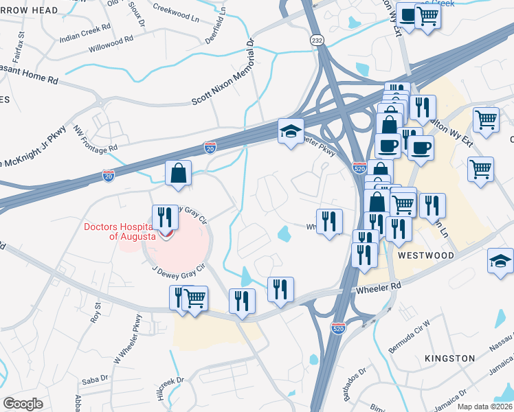 map of restaurants, bars, coffee shops, grocery stores, and more near 323 Whitney Place in Augusta