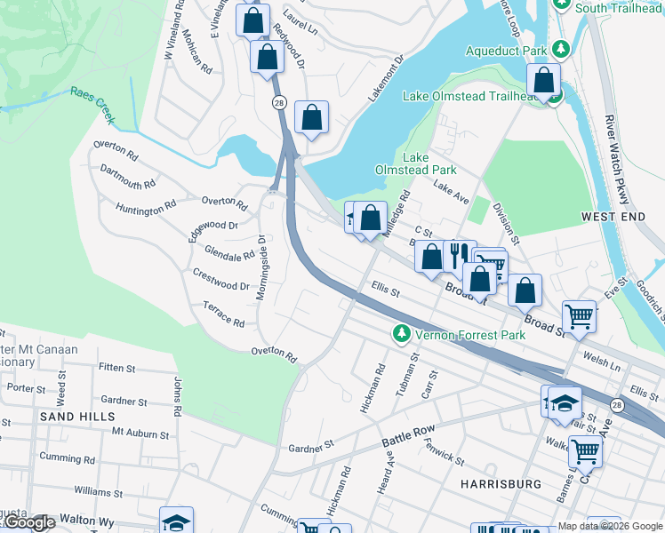 map of restaurants, bars, coffee shops, grocery stores, and more near 2269 Pund Avenue in Augusta