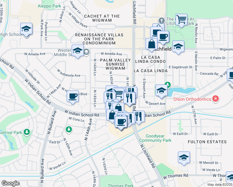 map of restaurants, bars, coffee shops, grocery stores, and more near 14226 West Columbus Avenue in Goodyear