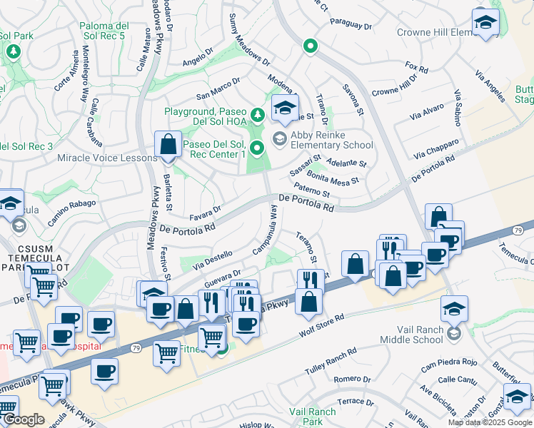 map of restaurants, bars, coffee shops, grocery stores, and more near 32651 Via Destello in Temecula