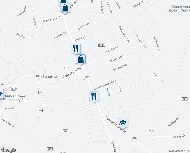 map of restaurants, bars, coffee shops, grocery stores, and more near 153 Long Creek Drive in Aiken