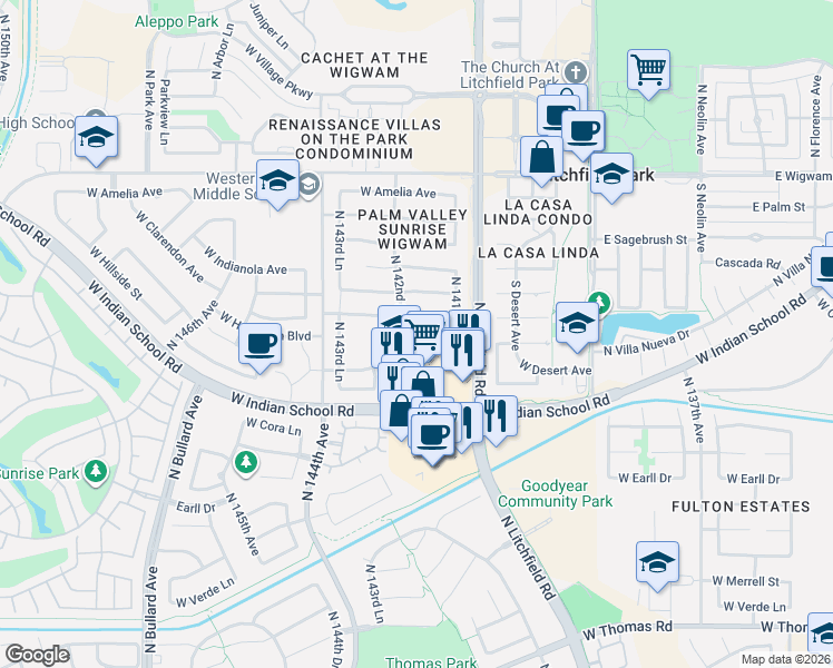 map of restaurants, bars, coffee shops, grocery stores, and more near 14228 West Weldon Avenue in Goodyear