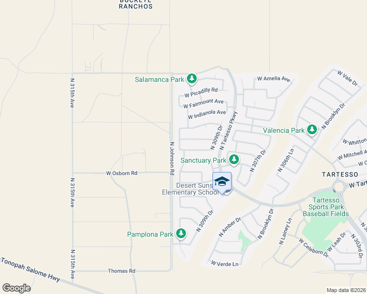 map of restaurants, bars, coffee shops, grocery stores, and more near 3722 North 310th Lane in Buckeye
