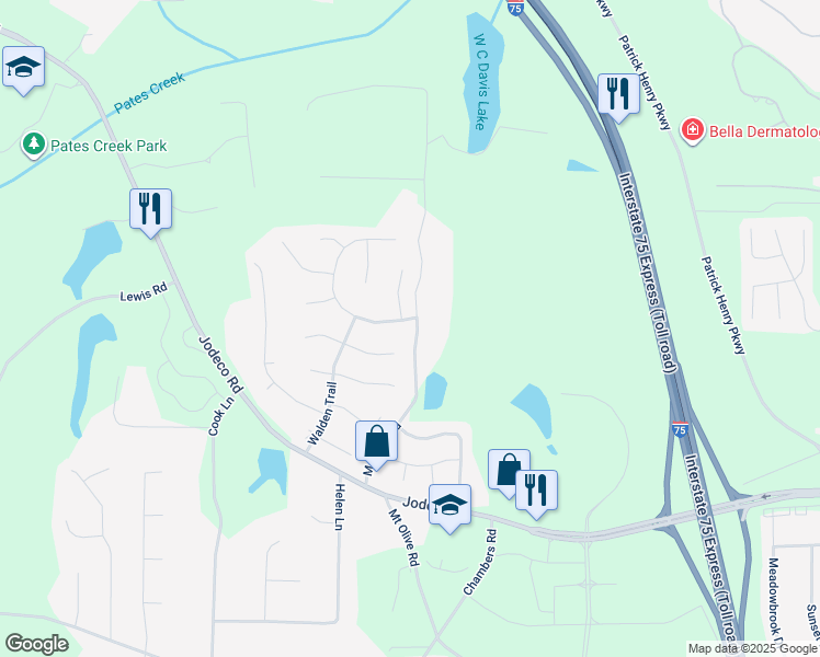 map of restaurants, bars, coffee shops, grocery stores, and more near 705 Fieldstream Way in Stockbridge