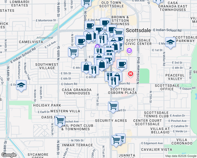 map of restaurants, bars, coffee shops, grocery stores, and more near 7126 East Osborn Road in Scottsdale