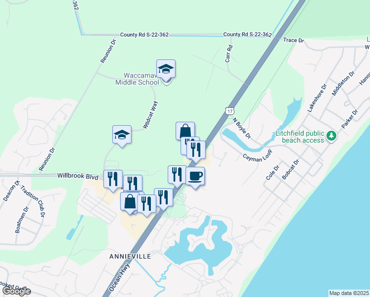 map of restaurants, bars, coffee shops, grocery stores, and more near 14427 Ocean Highway in Pawleys Island