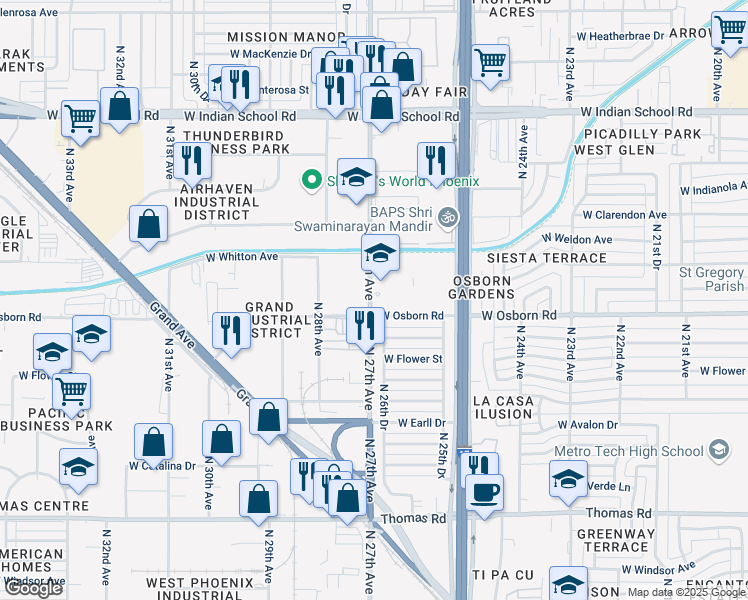 map of restaurants, bars, coffee shops, grocery stores, and more near 3535 North 27th Avenue in Phoenix