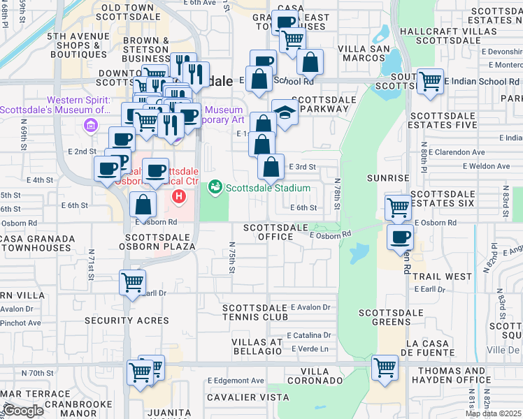 map of restaurants, bars, coffee shops, grocery stores, and more near 3524 North Miller Road in Scottsdale