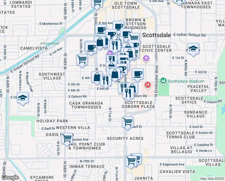 map of restaurants, bars, coffee shops, grocery stores, and more near 3600 North Marshall Way in Scottsdale