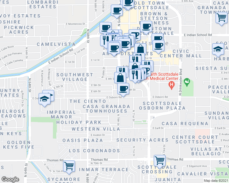 map of restaurants, bars, coffee shops, grocery stores, and more near 6925 East 5th Street in Scottsdale