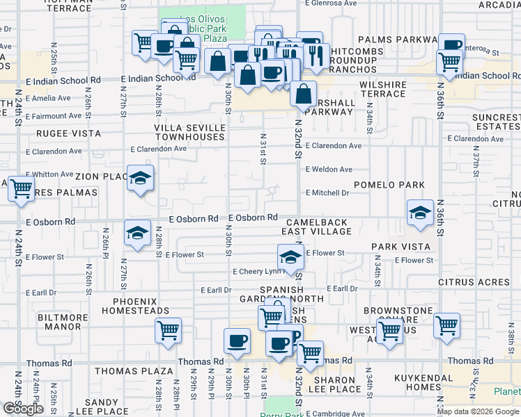 map of restaurants, bars, coffee shops, grocery stores, and more near 3431 North 31st Street in Phoenix