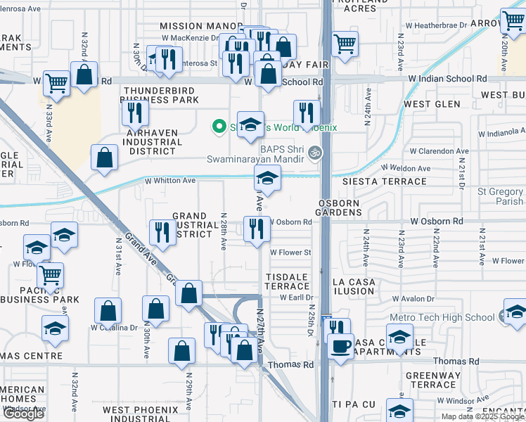 map of restaurants, bars, coffee shops, grocery stores, and more near 3440 North 27th Avenue in Phoenix