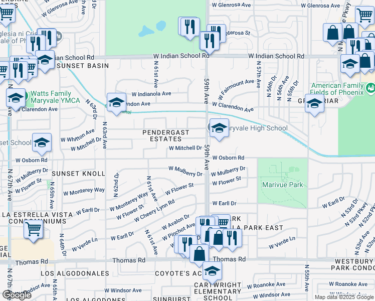 map of restaurants, bars, coffee shops, grocery stores, and more near 5935 West Whitton Avenue in Phoenix