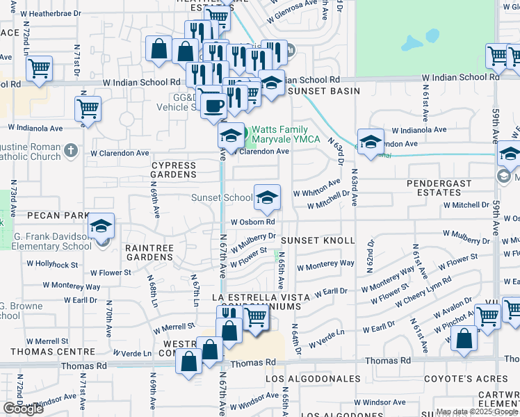 map of restaurants, bars, coffee shops, grocery stores, and more near 6601 West Columbus Avenue in Phoenix