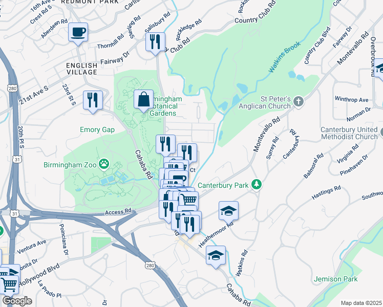 map of restaurants, bars, coffee shops, grocery stores, and more near 2600 Gerald Place in Mountain Brook