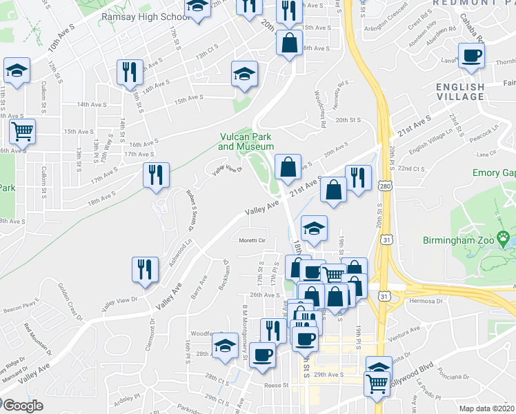 map of restaurants, bars, coffee shops, grocery stores, and more near 1776 Valley Avenue in Birmingham
