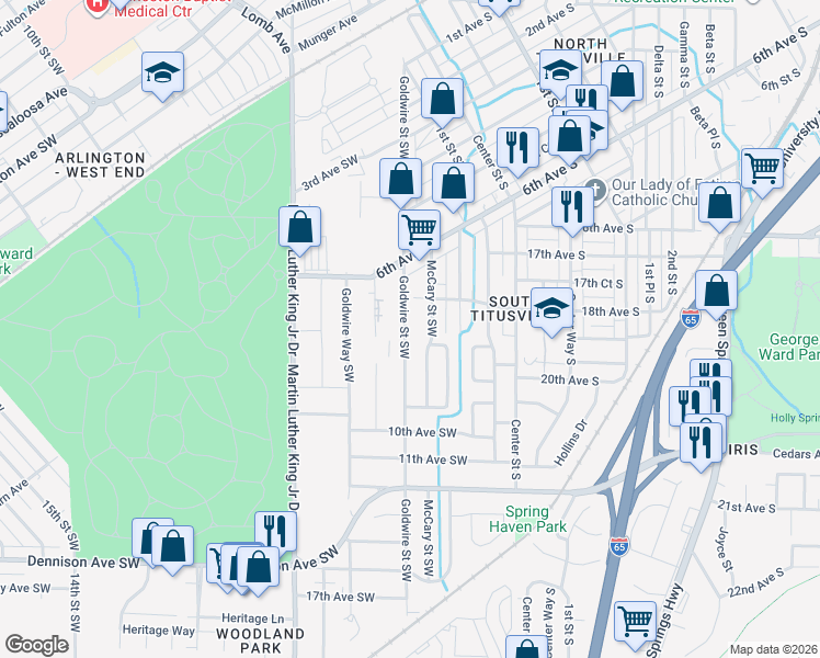 map of restaurants, bars, coffee shops, grocery stores, and more near 805 Goldwire Street Southwest in Birmingham