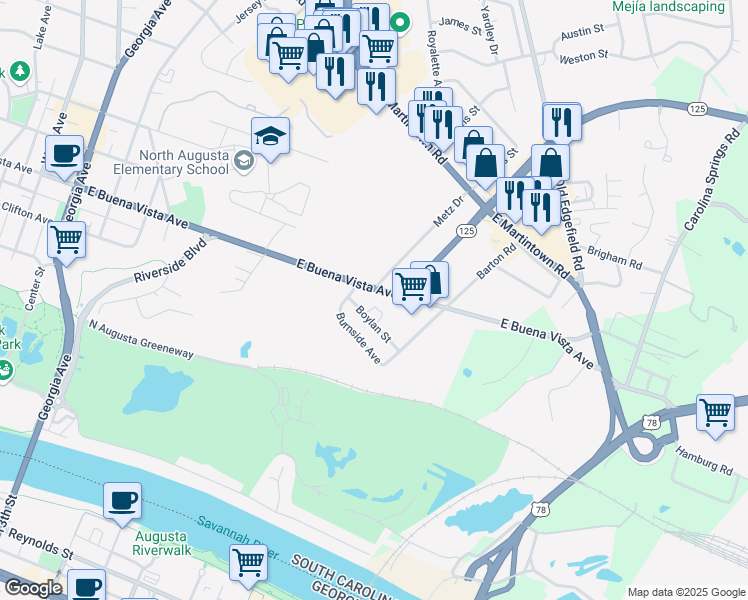 map of restaurants, bars, coffee shops, grocery stores, and more near 610 East Buena Vista Avenue in North Augusta