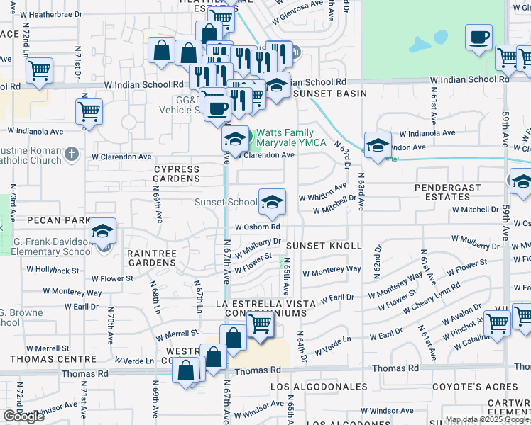map of restaurants, bars, coffee shops, grocery stores, and more near 6602 West Osborn Road in Phoenix