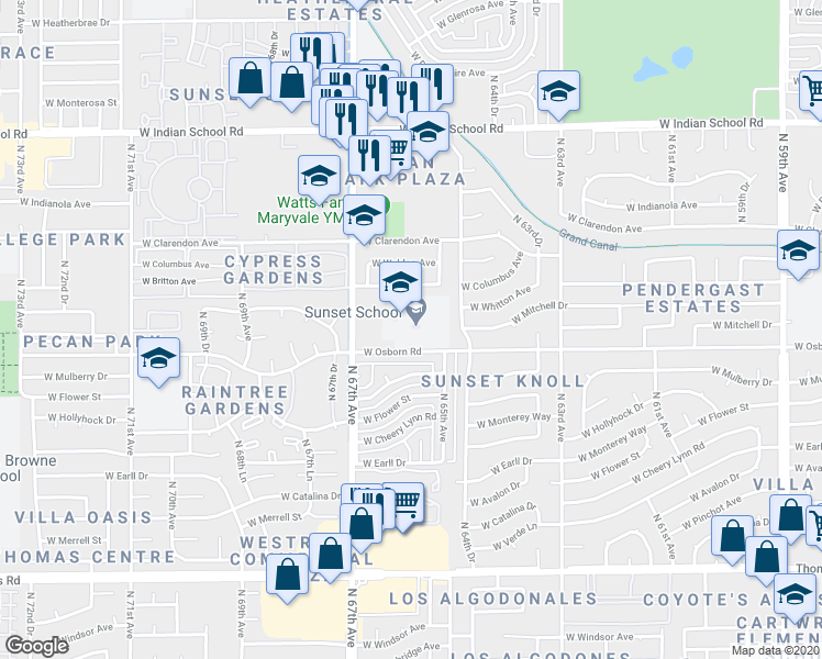 map of restaurants, bars, coffee shops, grocery stores, and more near 6602 West Osborn Road in Phoenix