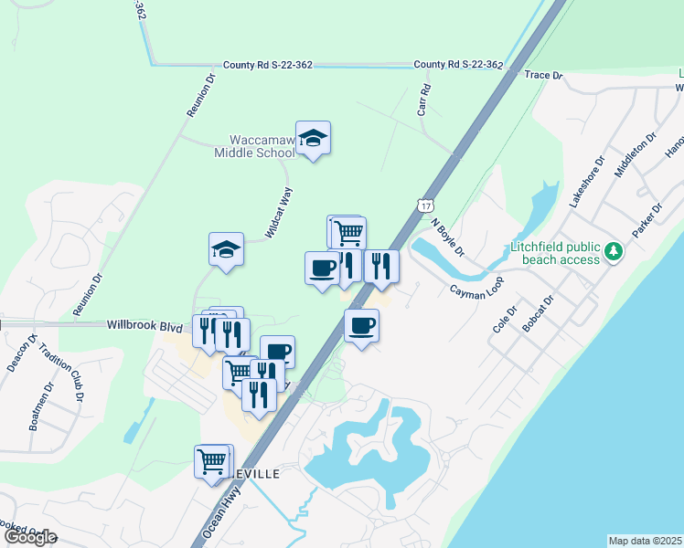map of restaurants, bars, coffee shops, grocery stores, and more near 14427 Ocean Highway in Pawleys Island