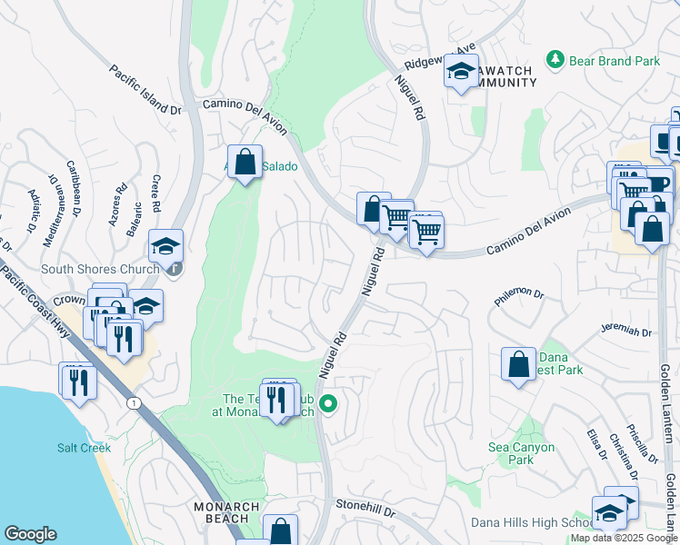 map of restaurants, bars, coffee shops, grocery stores, and more near in MONARCH BAY
