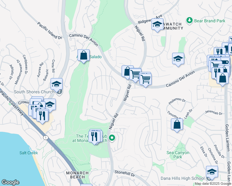 map of restaurants, bars, coffee shops, grocery stores, and more near 14 Corniche Drive in Dana Point