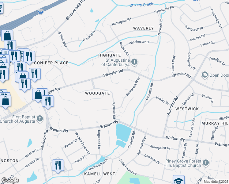 map of restaurants, bars, coffee shops, grocery stores, and more near 711 Woodgate Court in Augusta
