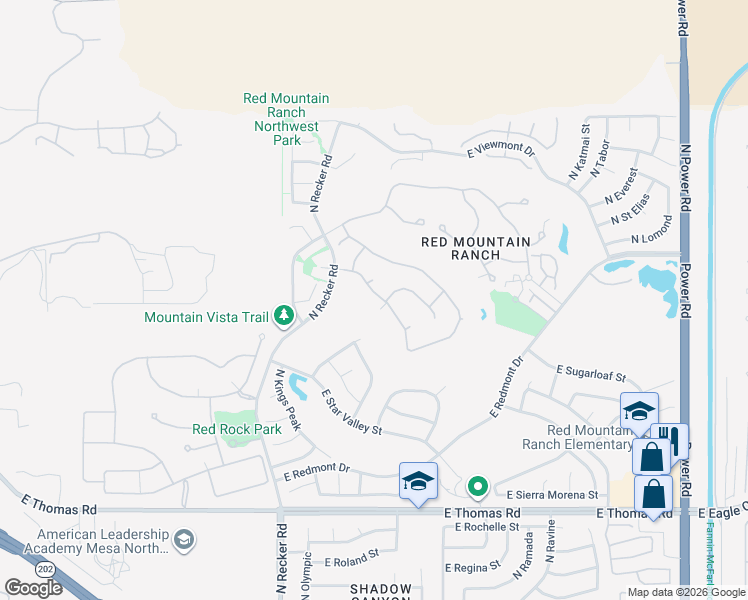 map of restaurants, bars, coffee shops, grocery stores, and more near 4055 North Recker Road in Mesa