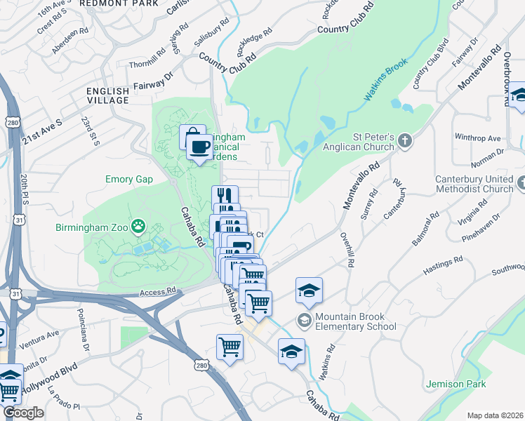 map of restaurants, bars, coffee shops, grocery stores, and more near 2600 Gerald Place in Mountain Brook