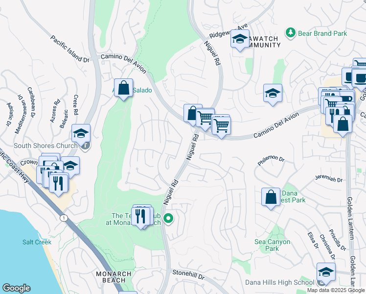 map of restaurants, bars, coffee shops, grocery stores, and more near 18 Corniche Drive in Dana Point