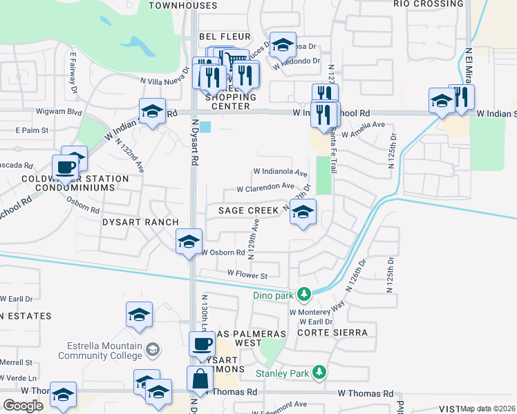 map of restaurants, bars, coffee shops, grocery stores, and more near 12837 West Clarendon Avenue in Avondale