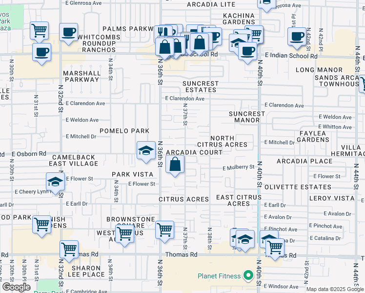 map of restaurants, bars, coffee shops, grocery stores, and more near 3432 North 37th Street in Phoenix