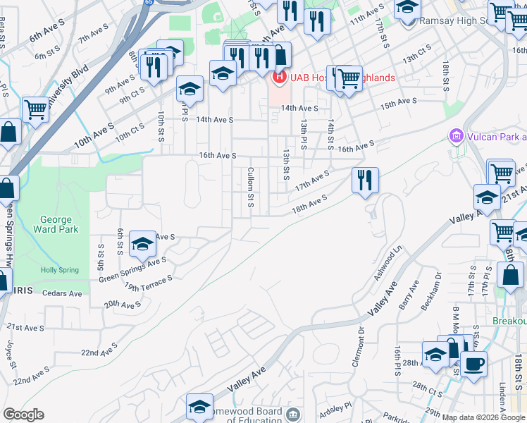 map of restaurants, bars, coffee shops, grocery stores, and more near 1705 Cullom Street South in Birmingham