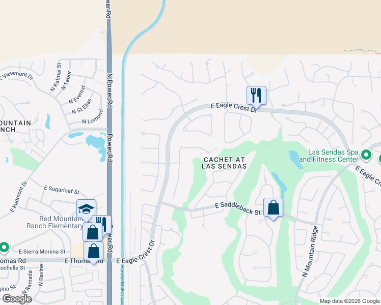 map of restaurants, bars, coffee shops, grocery stores, and more near 4048 North Pinnacle Hills Circle in Mesa