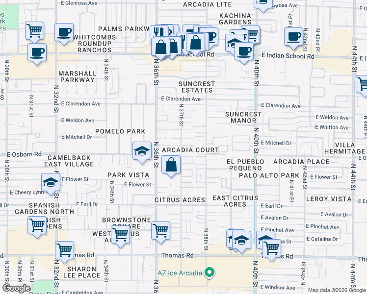 map of restaurants, bars, coffee shops, grocery stores, and more near 3432 North 37th Street in Phoenix
