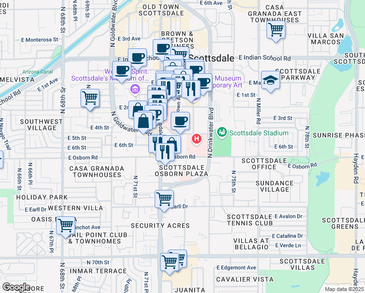 map of restaurants, bars, coffee shops, grocery stores, and more near 7242 East Osborn Road in Scottsdale