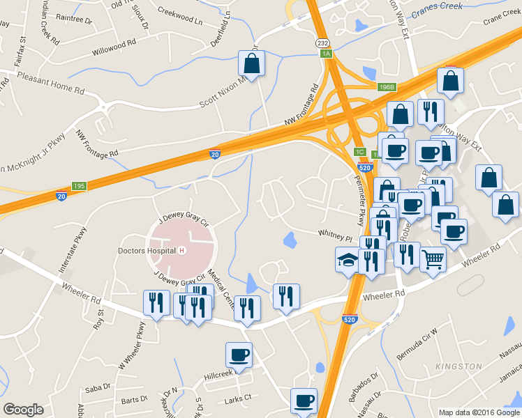 map of restaurants, bars, coffee shops, grocery stores, and more near 323 Whitney Place in Augusta