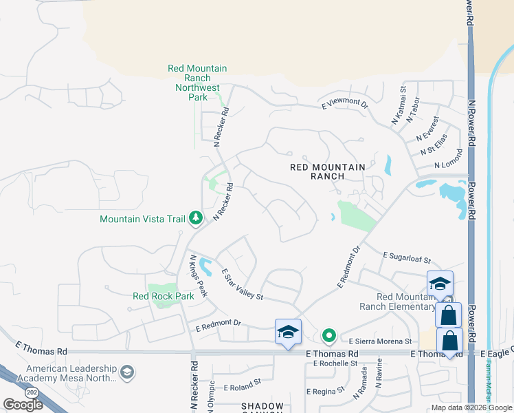 map of restaurants, bars, coffee shops, grocery stores, and more near 4055 North Recker Road in Mesa